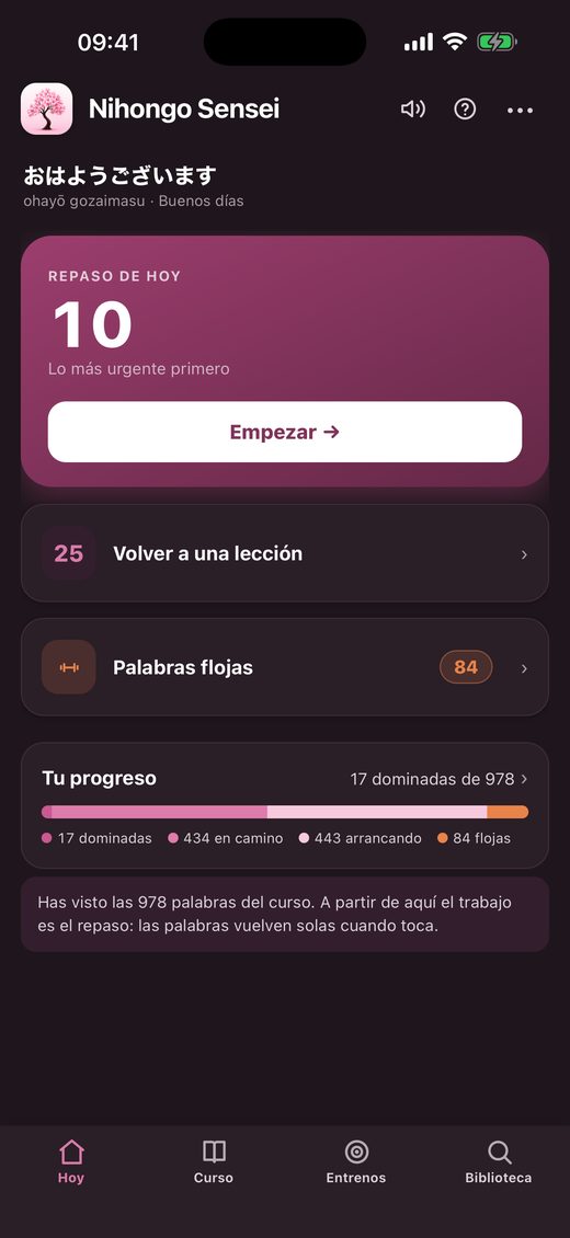 Pantalla Hoy de Nihongo Sensei con el repaso del día