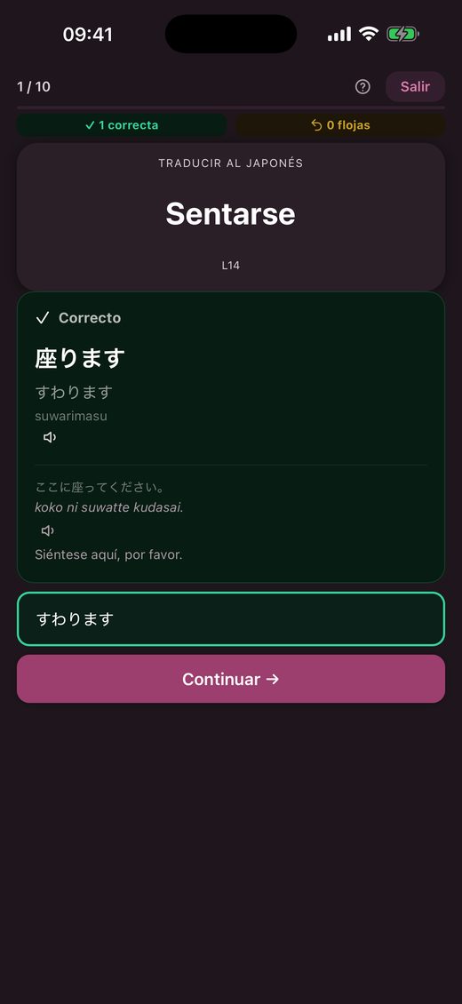 Quiz de vocabulario con la respuesta correcta y una frase de ejemplo
